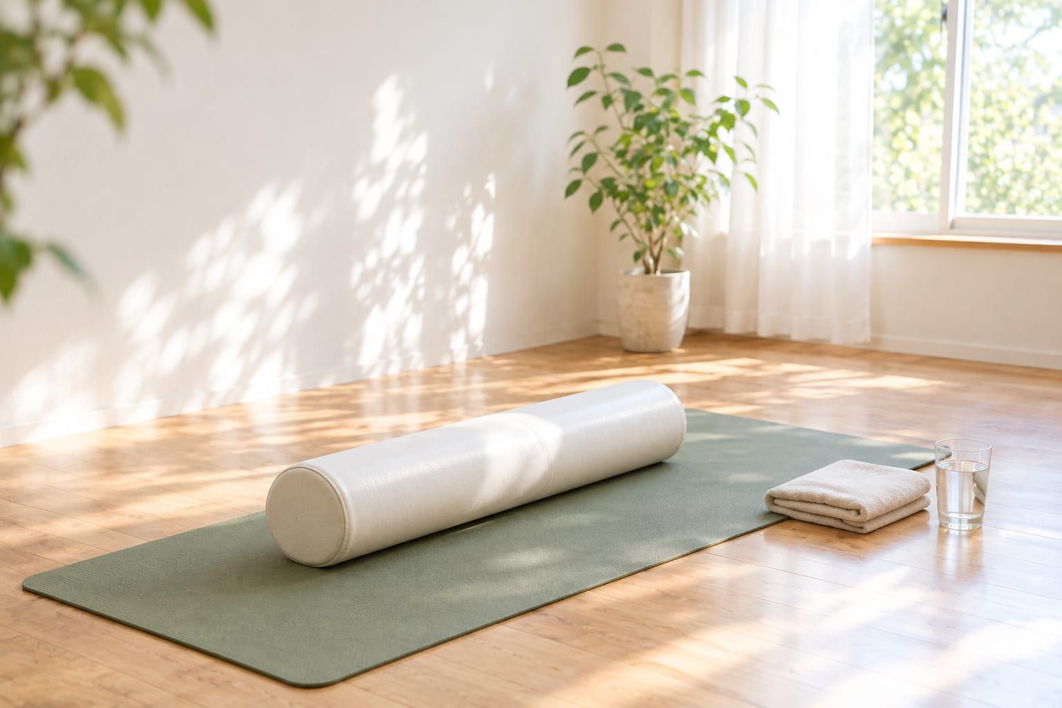 明るい部屋の床に、緑のヨガマットとストレッチポール、たたんだタオルと水のコップが置かれている